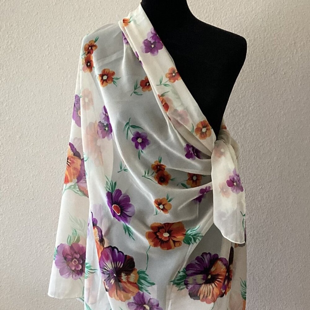 Chiffon Sarong  Gauzy Cream Multicolor  Tropical Floral  Extra Large  Semi Sheer